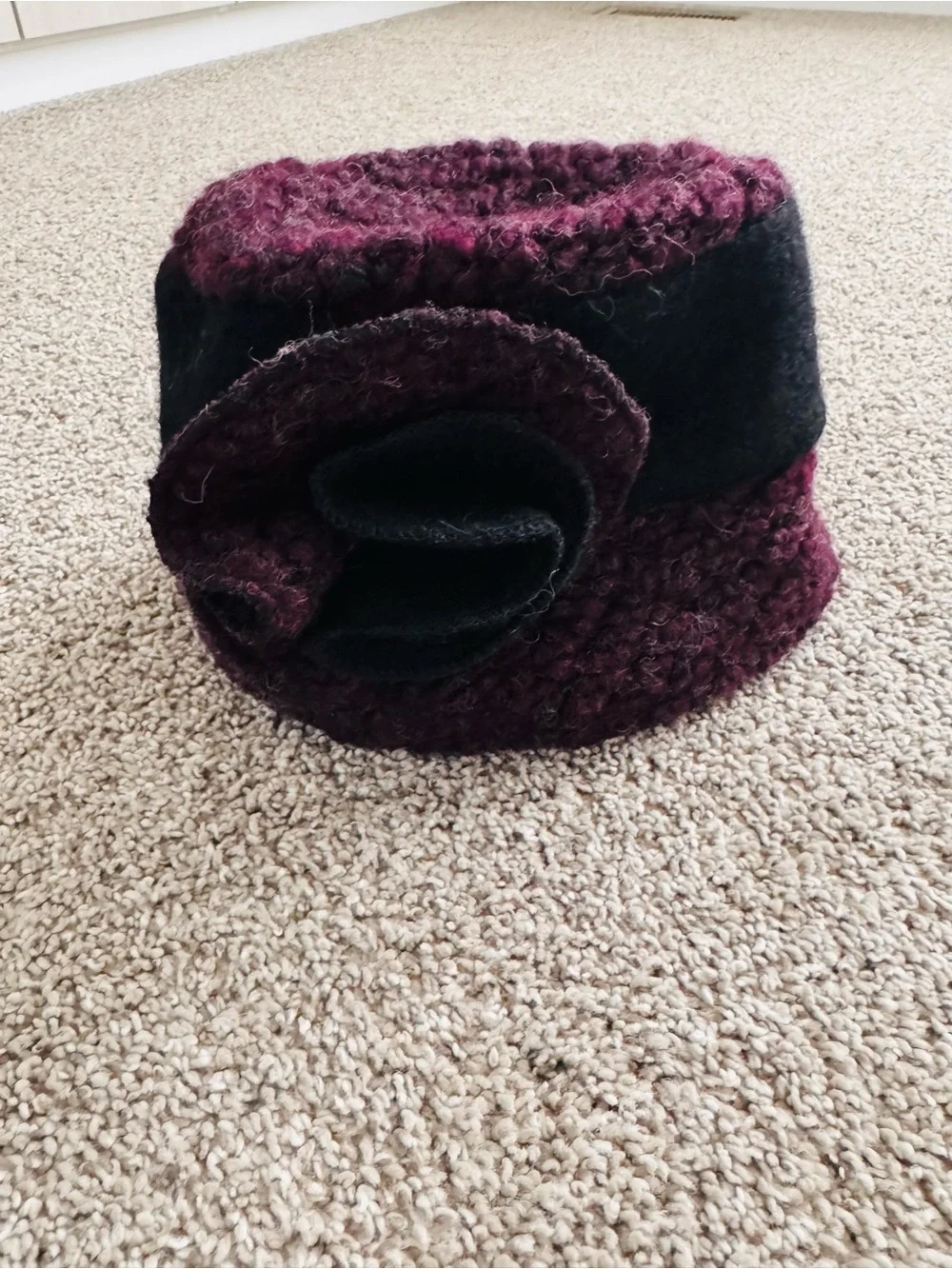 Womens Black and Plum Textured Cloche Hat with Flower Accent